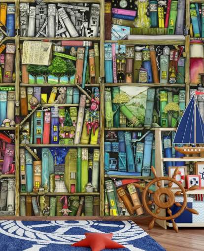 mural colorido de papel de parede de estante infantil personalizado chamado Bookshelf de Colin Thompson para quarto infantil ou sala de jogos