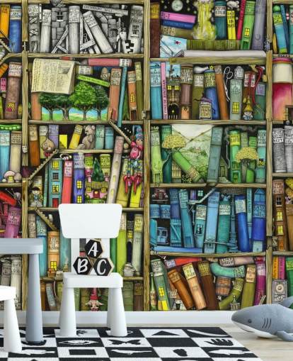 mural colorido de papel de parede de estante infantil personalizado chamado Bookshelf de Colin Thompson para quarto infantil ou sala de jogos