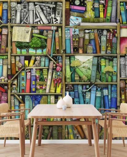 colorido mural de papel pintado personalizado para estantería infantil llamado Bookshelf de Colin Thompson para dormitorio infantil o sala de juegos