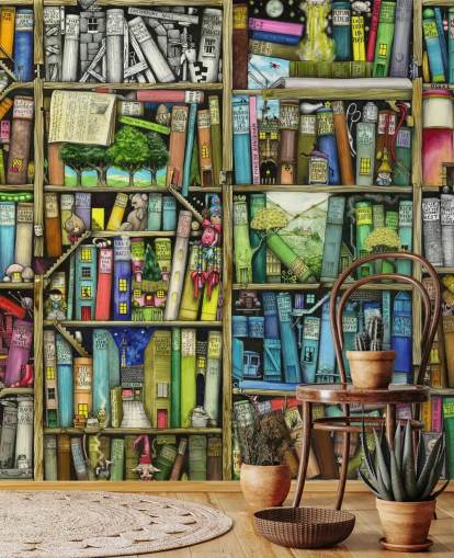 colorido mural de papel pintado personalizado para estantería infantil llamado Bookshelf de Colin Thompson para dormitorio infantil o sala de juegos colorido mural de papel pintado personalizado para estantería infantil llamado Bookshelf de Colin Thompson para dormitorio infantil o sala de juegos
