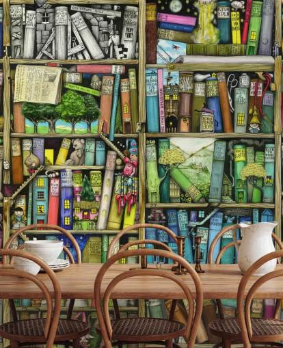 colorido mural de papel pintado personalizado para estantería infantil llamado Bookshelf de Colin Thompson para dormitorio infantil o sala de juegos