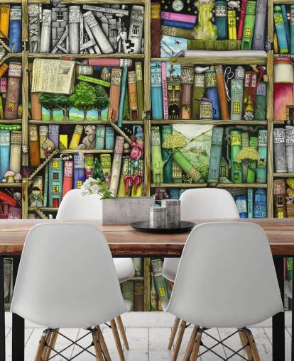 carta da parati murale colorata personalizzata per bambini chiamata Bookshelf di Colin Thompson per la camera da letto o la sala giochi dei bambini