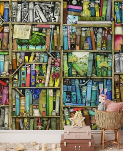 carta da parati murale colorata personalizzata per bambini chiamata Bookshelf di Colin Thompson per la camera da letto o la sala giochi dei bambini