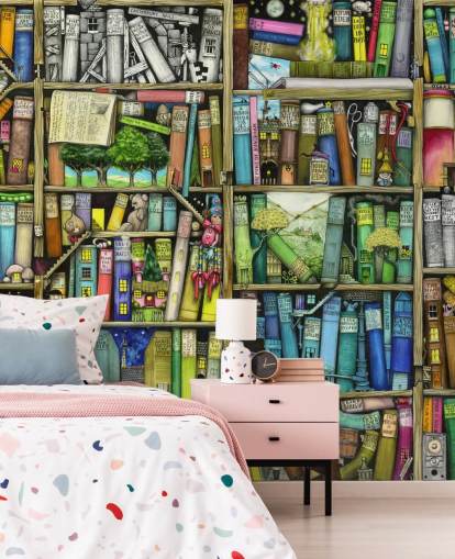 colourful custom kids bookshelf wallpaper mural called Bookshelf by Colin Thompson for child's bedroom or playroom