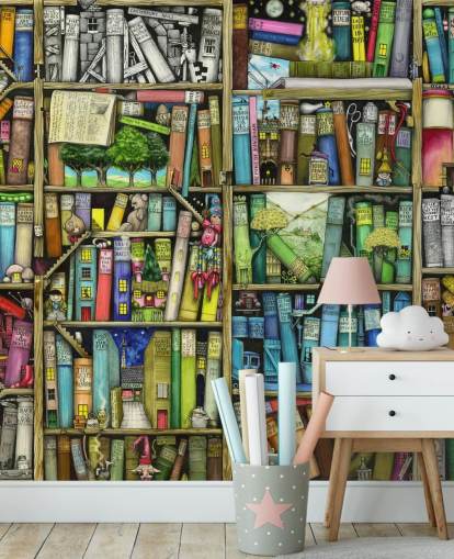 mural colorido de papel de parede de estante infantil personalizado chamado Bookshelf de Colin Thompson para quarto infantil ou sala de jogos mural colorido de papel de parede de estante infantil personalizado chamado Bookshelf de Colin Thompson para quarto infantil ou sala de jogos