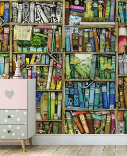 colourful custom kids bookshelf wallpaper mural called Bookshelf by Colin Thompson for child's bedroom or playroom