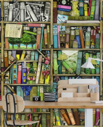 colourful custom kids bookshelf wallpaper mural called Bookshelf by Colin Thompson for child's bedroom or playroom