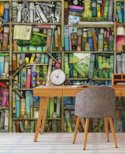 kleurrijke op maat gemaakte boekenplank behangmuurschildering voor kinderen genaamd Bookshelf van Colin Thompson voor kinderkamer of speelkamer