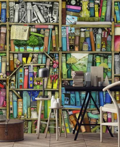 colorful custom kids bookshelf wallpaper mural called Bookshelf by Colin Thompson for child's bedroom or playroom