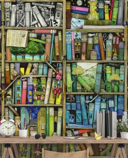colorido mural de papel pintado personalizado para estantería infantil llamado Bookshelf de Colin Thompson para dormitorio infantil o sala de juegos