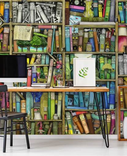 kleurrijke op maat gemaakte boekenplank behangmuurschildering voor kinderen genaamd Bookshelf van Colin Thompson voor kinderkamer of speelkamer