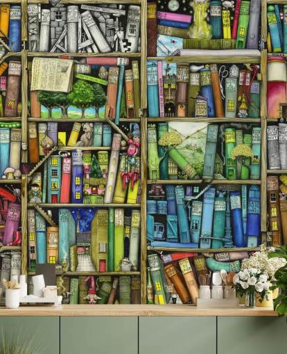 kleurrijke op maat gemaakte boekenplank behangmuurschildering voor kinderen genaamd Bookshelf van Colin Thompson voor kinderkamer of speelkamer kleurrijke op maat gemaakte boekenplank behangmuurschildering voor kinderen genaamd Bookshelf van Colin Thompson voor kinderkamer of speelkamer