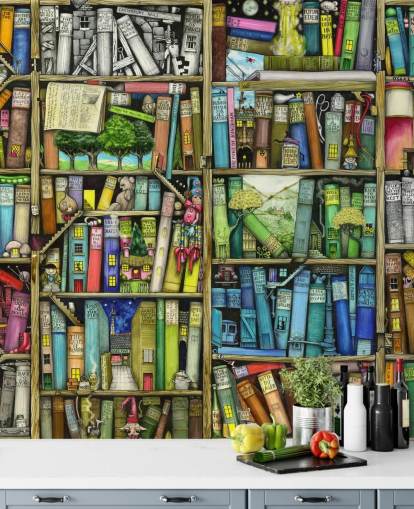 colorful custom kids bookshelf wallpaper mural called Bookshelf by Colin Thompson for child's bedroom or playroom colorful custom kids bookshelf wallpaper mural called Bookshelf by Colin Thompson for child's bedroom or playroom