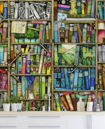 carta da parati murale colorata personalizzata per bambini chiamata Bookshelf di Colin Thompson per la camera da letto o la sala giochi dei bambini