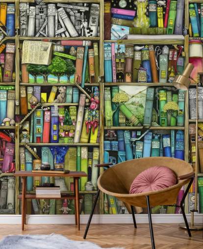 mural colorido de papel de parede de estante infantil personalizado chamado Bookshelf de Colin Thompson para quarto infantil ou sala de jogos