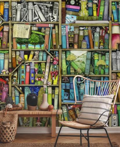 mural colorido de papel de parede de estante infantil personalizado chamado Bookshelf de Colin Thompson para quarto infantil ou sala de jogos