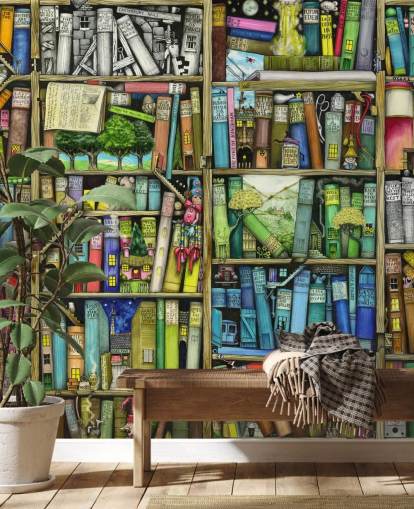 carta da parati murale colorata personalizzata per bambini chiamata Bookshelf di Colin Thompson per la camera da letto o la sala giochi dei bambini