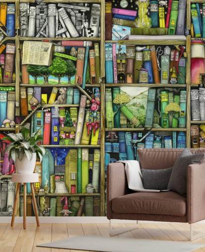 colourful custom kids bookshelf wallpaper mural called Bookshelf by Colin Thompson for child's bedroom or playroom