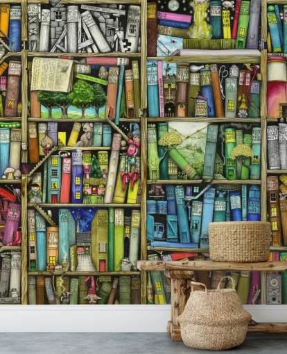 mural colorido de papel de parede de estante infantil personalizado chamado Bookshelf de Colin Thompson para quarto infantil ou sala de jogos