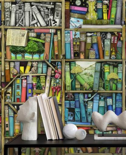 colorful custom kids bookshelf wallpaper mural called Bookshelf by Colin Thompson for child's bedroom or playroom
