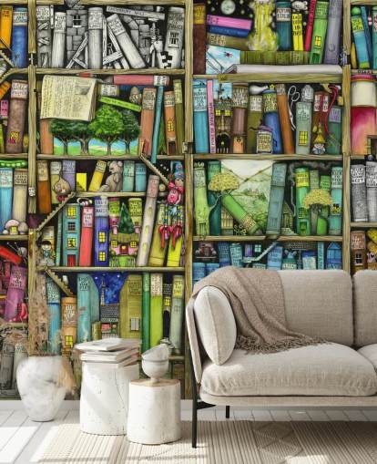 colorful custom kids bookshelf wallpaper mural called Bookshelf by Colin Thompson for child's bedroom or playroom
