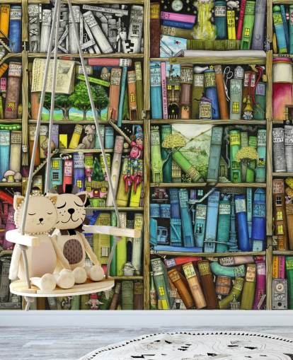 kleurrijke op maat gemaakte boekenplank behangmuurschildering voor kinderen genaamd Bookshelf van Colin Thompson voor kinderkamer of speelkamer kleurrijke op maat gemaakte boekenplank behangmuurschildering voor kinderen genaamd Bookshelf van Colin Thompson voor kinderkamer of speelkamer