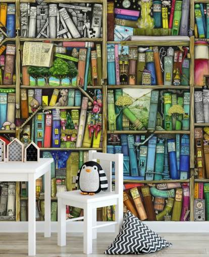 carta da parati murale colorata personalizzata per bambini chiamata Bookshelf di Colin Thompson per la camera da letto o la sala giochi dei bambini