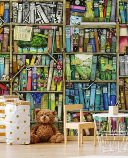 colourful custom kids bookshelf wallpaper mural called Bookshelf by Colin Thompson for child's bedroom or playroom