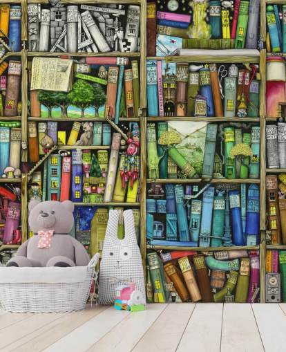 colourful custom kids bookshelf wallpaper mural called Bookshelf by Colin Thompson for child's bedroom or playroom
