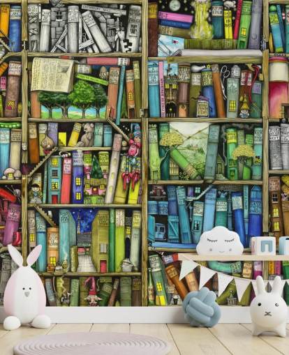 farbenfrohe individuelle Kinderregal-Tapete namens Bookshelf von Colin Thompson für Kinder- oder Spielzimmer