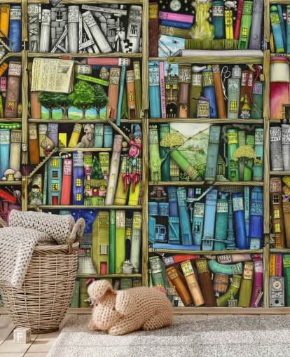 colourful custom kids bookshelf wallpaper mural called Bookshelf by Colin Thompson for child's bedroom or playroom colourful custom kids bookshelf wallpaper mural called Bookshelf by Colin Thompson for child's bedroom or playroom