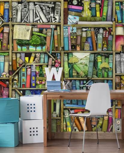 kleurrijke op maat gemaakte boekenplank behangmuurschildering voor kinderen genaamd Bookshelf van Colin Thompson voor kinderkamer of speelkamer
