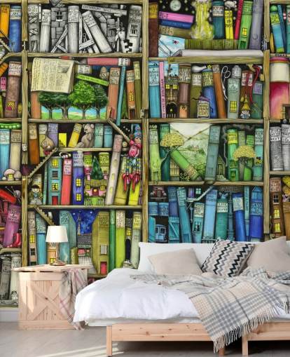 colorido mural de papel pintado personalizado para estantería infantil llamado Bookshelf de Colin Thompson para dormitorio infantil o sala de juegos