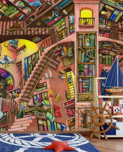 Drawn Bookshelf Wallpaper