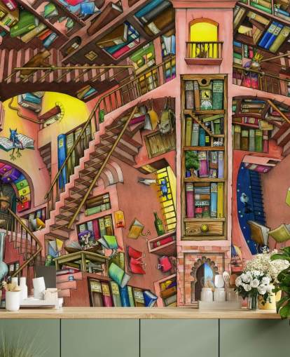 Drawn Bookshelf Wallpaper