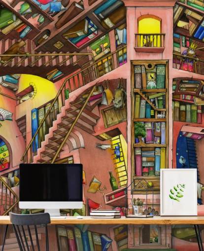 Gezeichnete Bücherregal-Tapete