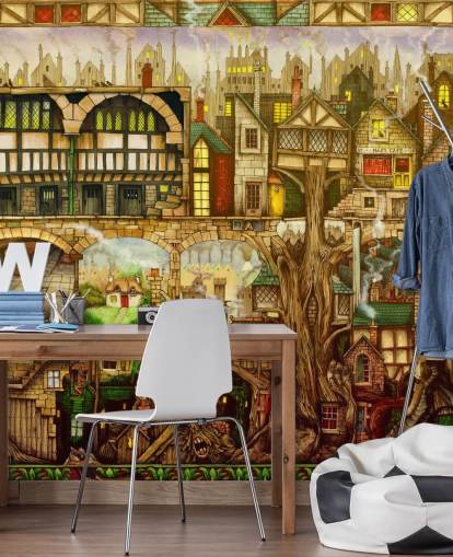 fantasy tree town tapet