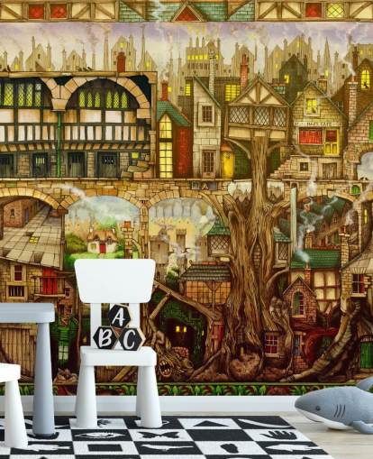 fantasy tree town wallpaper