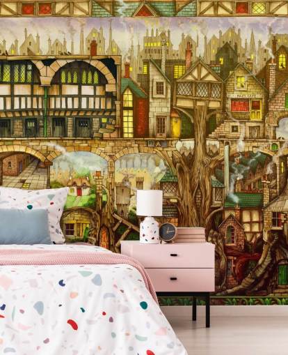 fantasie boomstad behang