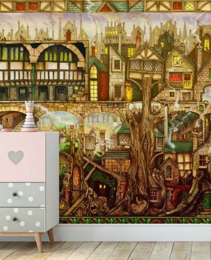 fantasy tree town tapet