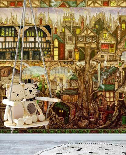 fantasy tree town wallpaper