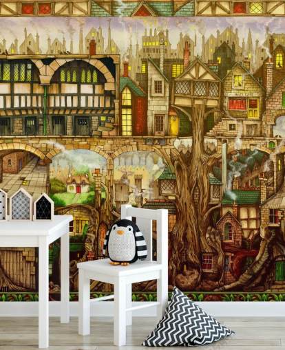 fantasy tree town tapet