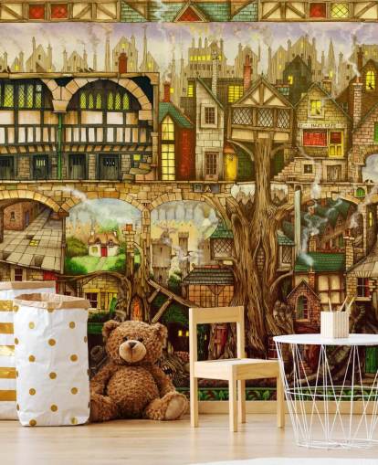 fantasie boomstad behang