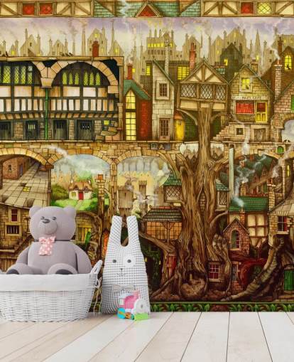 fantasy tree town tapet