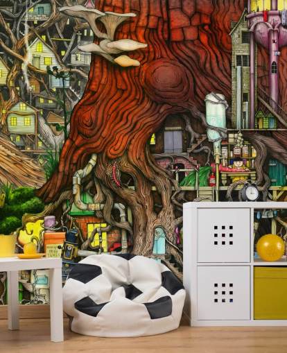 stravagante carta da parati con albero e fantasia