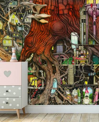 stravagante carta da parati con albero e fantasia