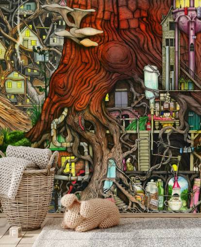 stravagante carta da parati con albero e fantasia