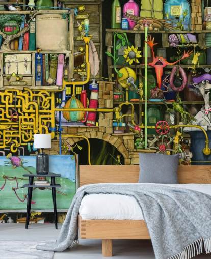 Colorfully Drawn Science Lab Wallpaper