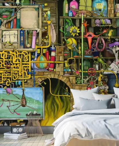 Colorfully Drawn Science Lab Wallpaper