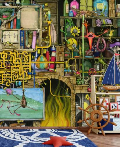 Colorfully Drawn Science Lab Wallpaper